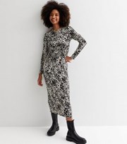 New Look White Abstract Pattern Twist Knot Long Sleeve Midi Dress